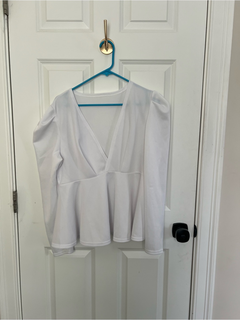 White Deep V-Neck Peplum Blouse with Long Sleeves
